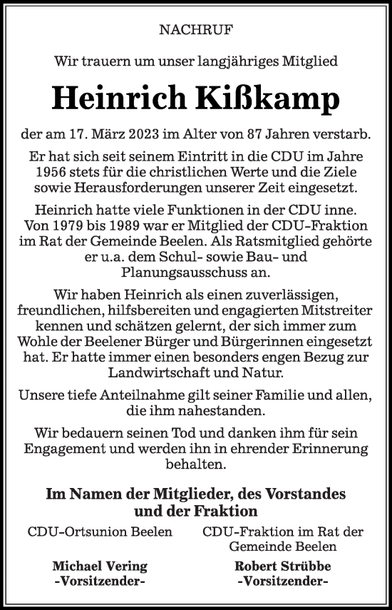 Traueranzeige von Heinrich Kißkamp von Die Glocke