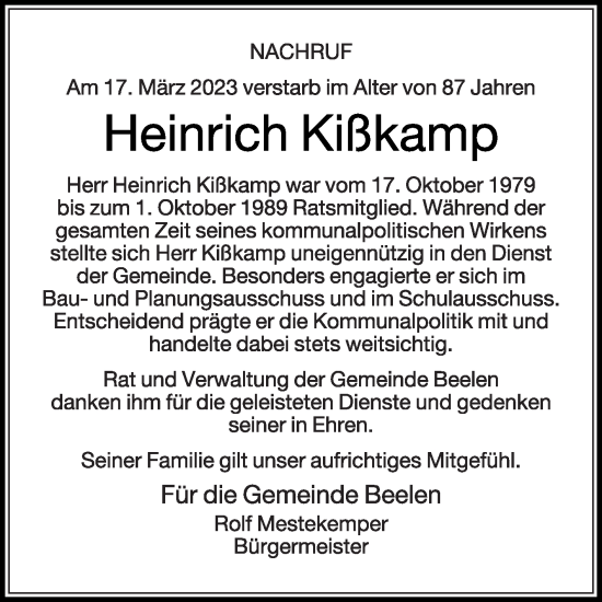 Traueranzeige von Heinrich Kißkamp von Die Glocke