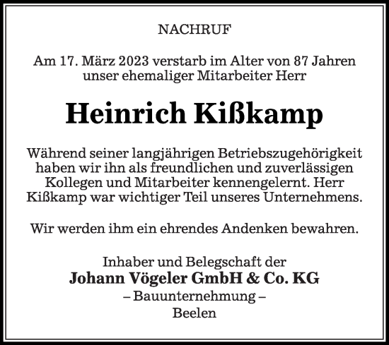 Traueranzeige von Heinrich Kißkamp von Die Glocke