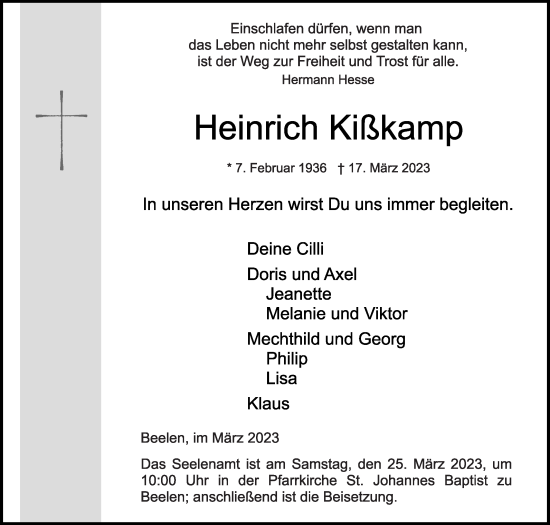 Traueranzeige von Heinrich Kißkamp von Die Glocke