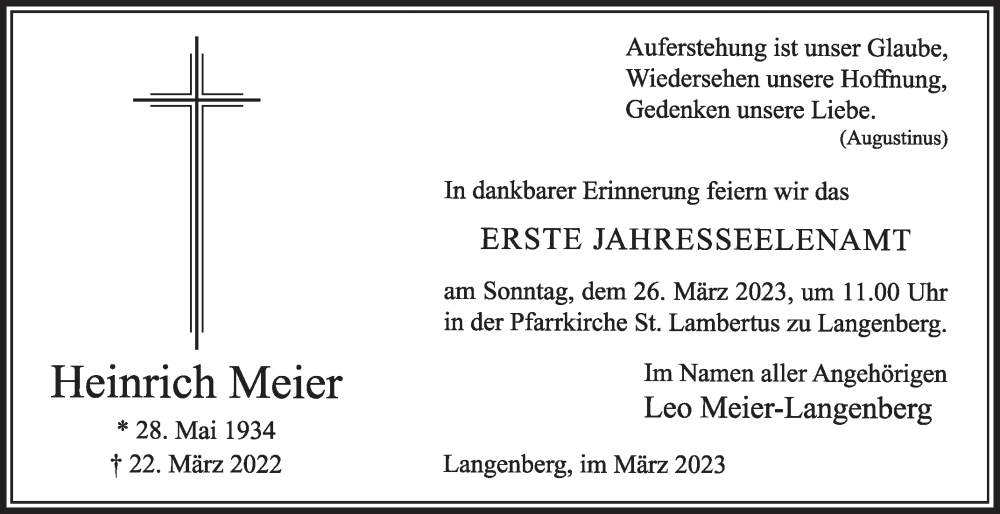  Traueranzeige für Heinrich Meier vom 18.03.2023 aus Die Glocke