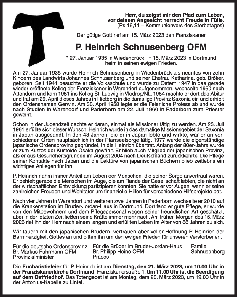  Traueranzeige für Heinrich Schnusenberg vom 18.03.2023 aus Die Glocke