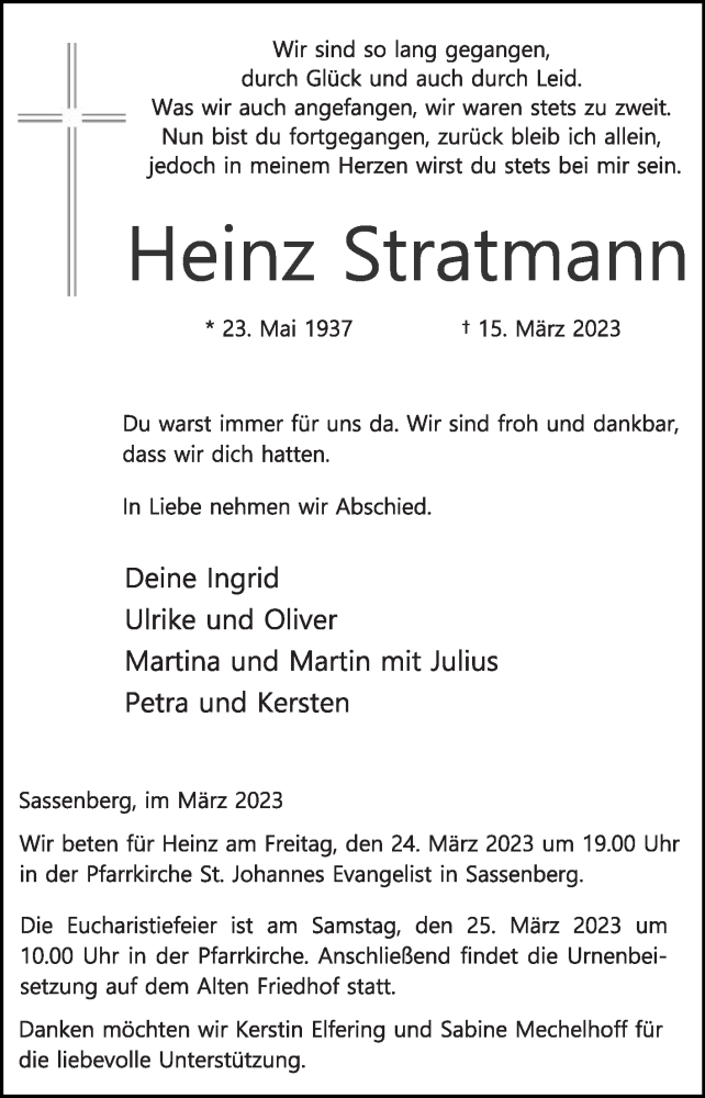  Traueranzeige für Heinz Stratmann vom 18.03.2023 aus Die Glocke