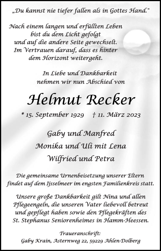 Traueranzeige von Helmut Recker von Die Glocke