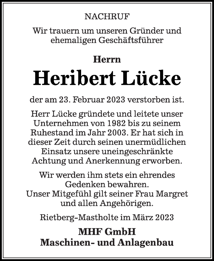  Traueranzeige für Heribert Lücke vom 03.03.2023 aus Die Glocke