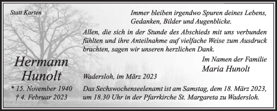 Traueranzeige von Hermann Hunolt von Die Glocke