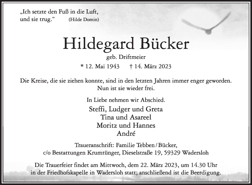  Traueranzeige für Hildegard Bücker vom 18.03.2023 aus Die Glocke