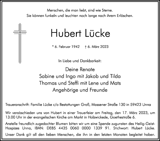 Traueranzeigen Von Hubert Lücke | Trauer.die-glocke.de