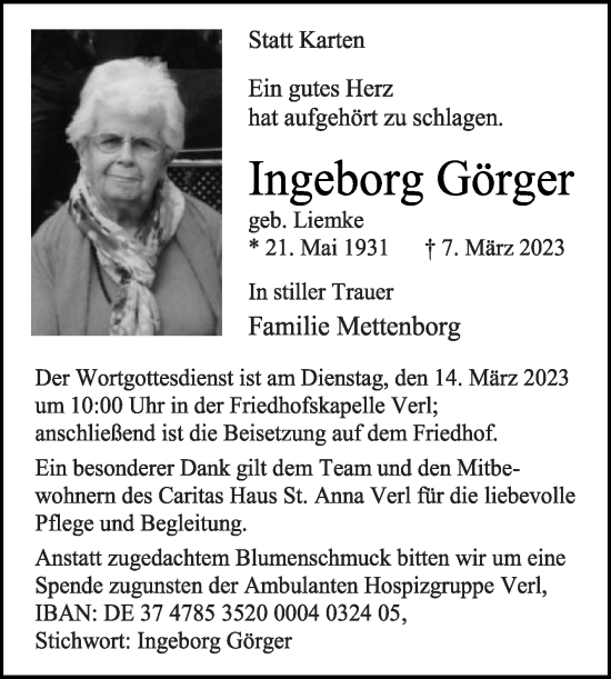 Traueranzeige von Ingeborg Görger von Die Glocke