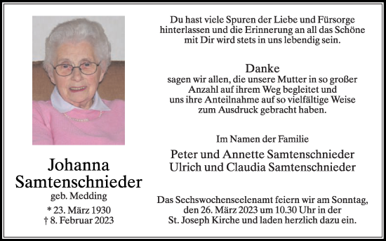 Traueranzeige von Johanna Samtenschnieder von Die Glocke