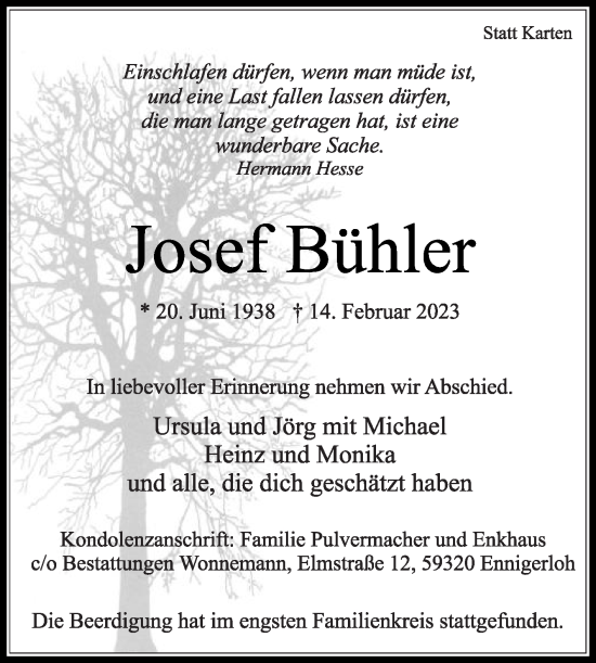 Traueranzeige von Josef Bühler von Die Glocke