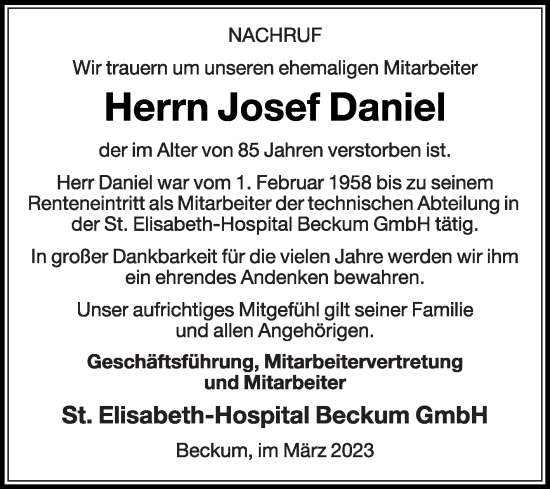 Traueranzeige von Josef Daniel von Die Glocke