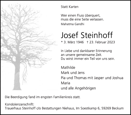 Traueranzeige von Josef Steinhoff von Die Glocke