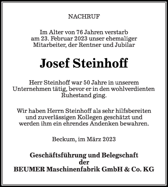 Traueranzeige von Josef Steinhoff von Die Glocke