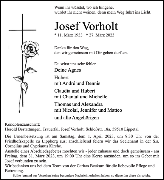 Traueranzeige von Josef Vorholt von Die Glocke