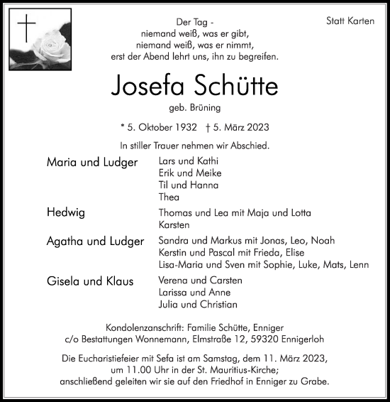 Traueranzeige von Josefa Schütte von Die Glocke