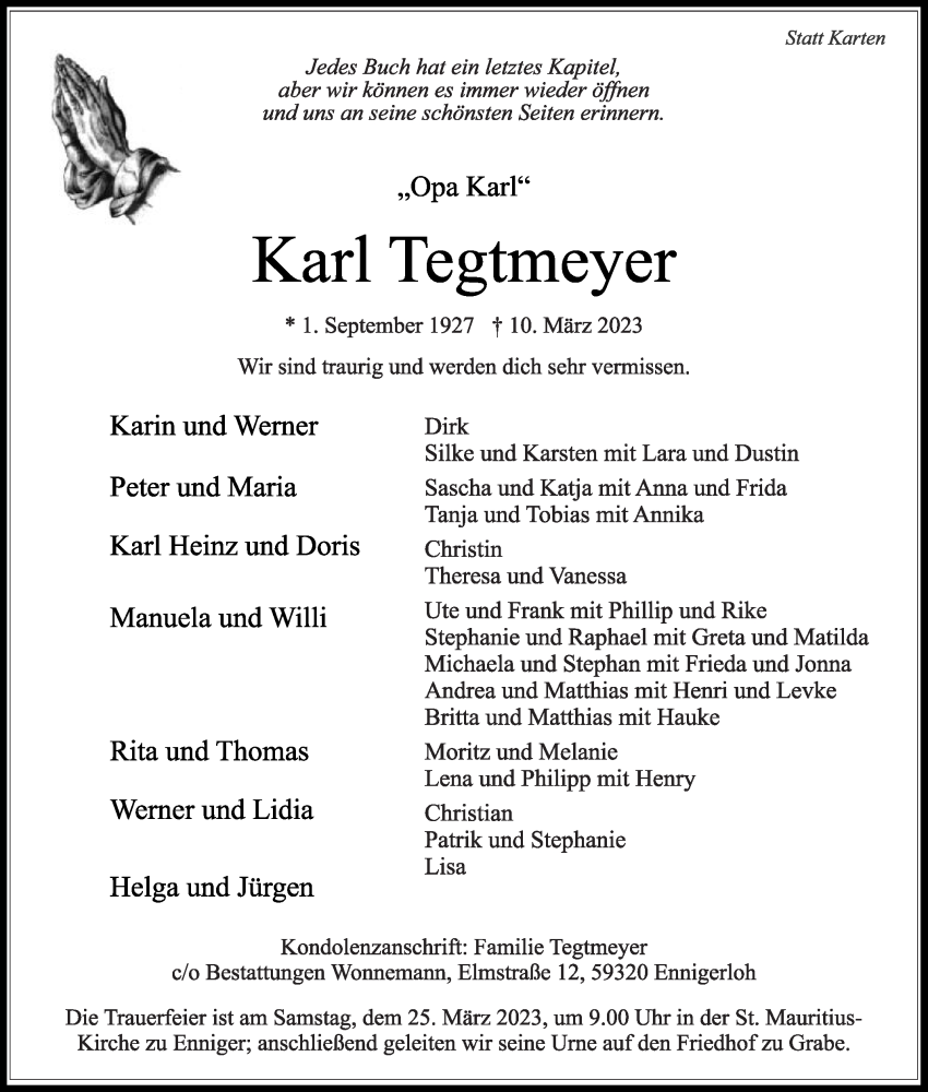  Traueranzeige für Karl Tegtmeyer vom 18.03.2023 aus Die Glocke