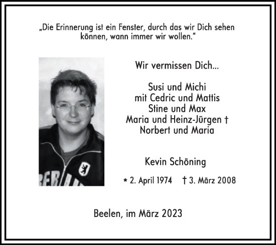 Traueranzeige von Kevin Schöning von Die Glocke