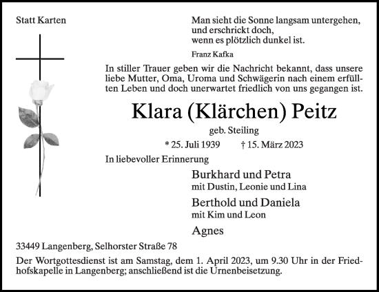 Traueranzeige von Klara Peitz von Die Glocke