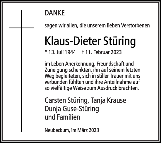 Traueranzeige von Klaus-Dieter Stüring von Die Glocke