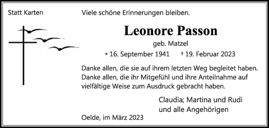 Traueranzeige von Leonore Passon von Die Glocke