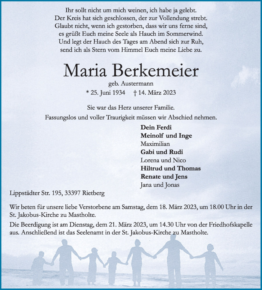  Traueranzeige für Maria Berkemeier vom 18.03.2023 aus Die Glocke