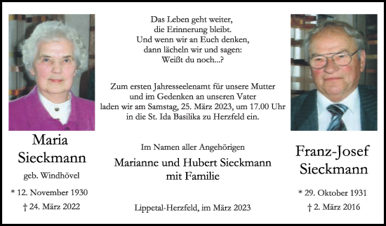 Traueranzeige von Maria Sieckmann von Die Glocke