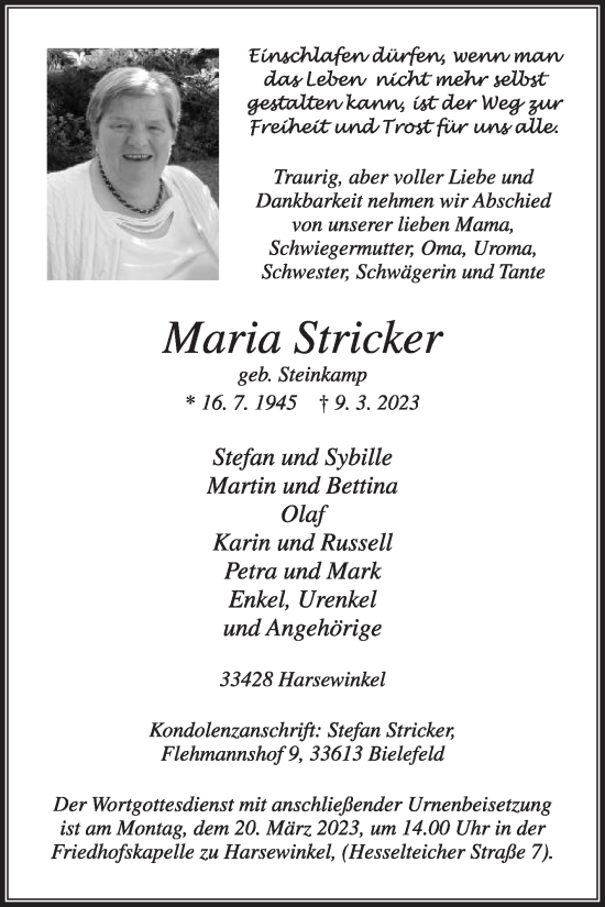 Traueranzeige von Maria Stricker von Die Glocke