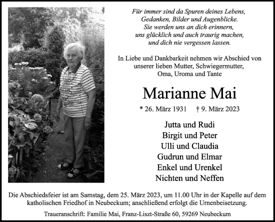 Traueranzeige von Marianne Mai von Die Glocke