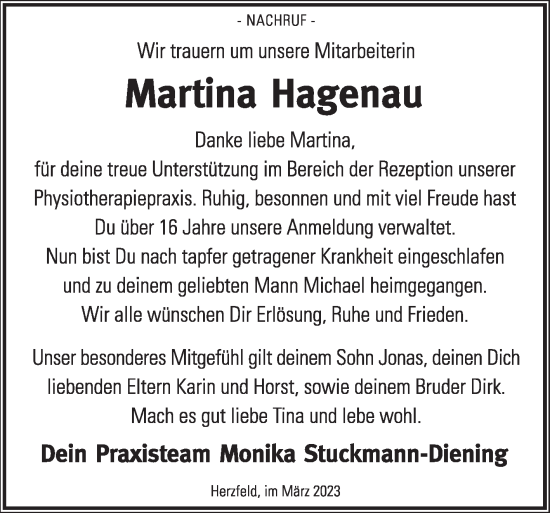 Traueranzeige von Martina Hagenau von Die Glocke