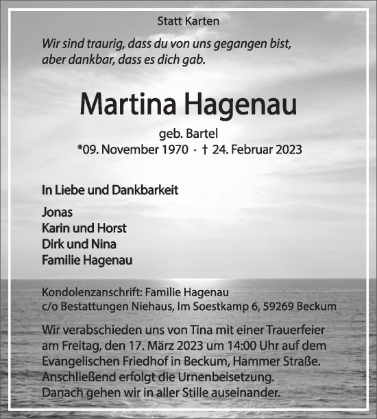 Traueranzeige von Martina Hagenau von Die Glocke