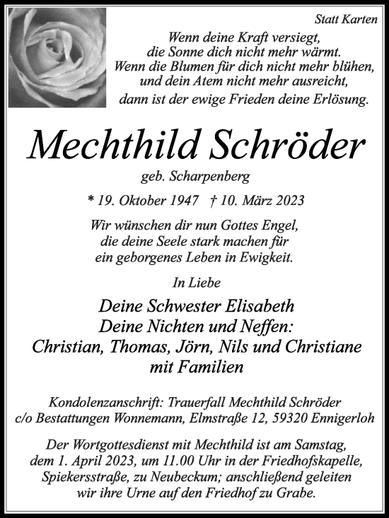Traueranzeige von Mechthild Schröder von Die Glocke