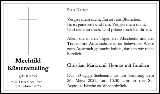 Traueranzeige von Mechtild Küsterameling von Die Glocke