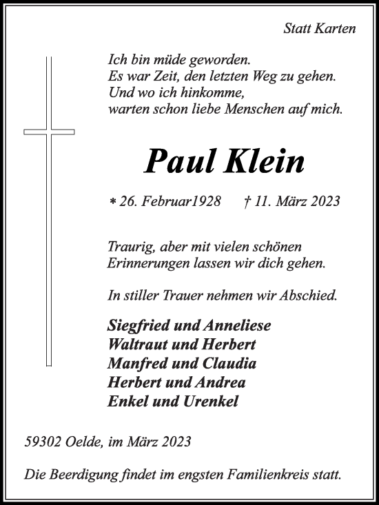 Traueranzeige von Paul Klein von Die Glocke