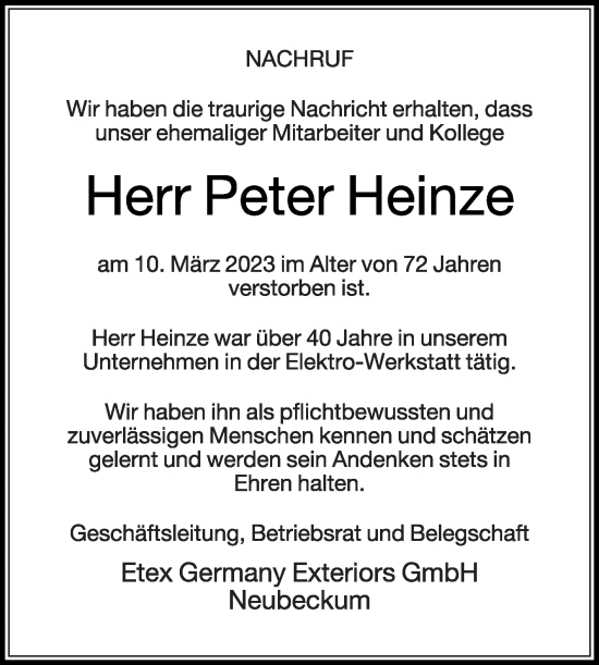 Traueranzeige von Peter Heinze von Die Glocke