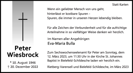 Traueranzeige von Peter Wiesbrock von Die Glocke