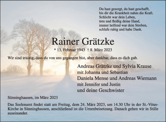 Traueranzeige von Rainer Grätzke von Die Glocke