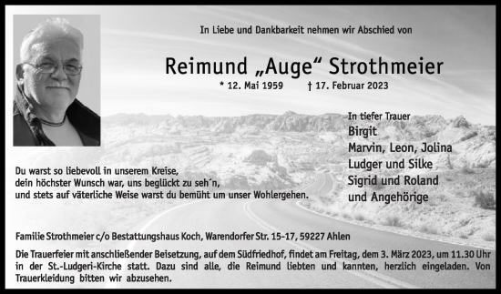 Traueranzeige von Reimund Strothmeier von Die Glocke