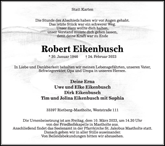 Traueranzeige von Robert Eikenbusch von Die Glocke