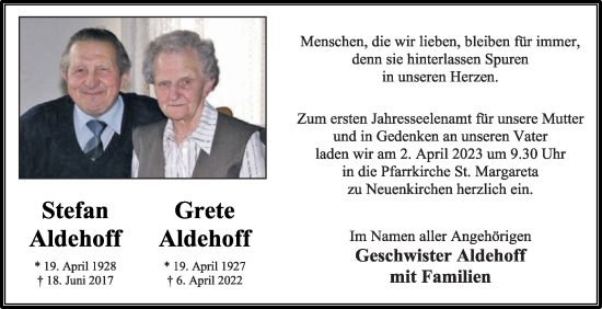 Traueranzeige von Stefan Aldehoff von Die Glocke