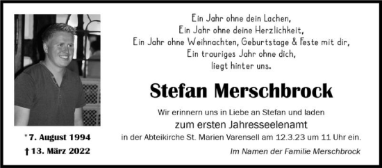 Traueranzeige von Stefan Merschbrock von Die Glocke