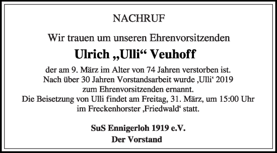 Traueranzeige von Ulrich Veuhoff von Die Glocke