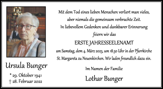 Traueranzeige von Ursula Bunger von Die Glocke