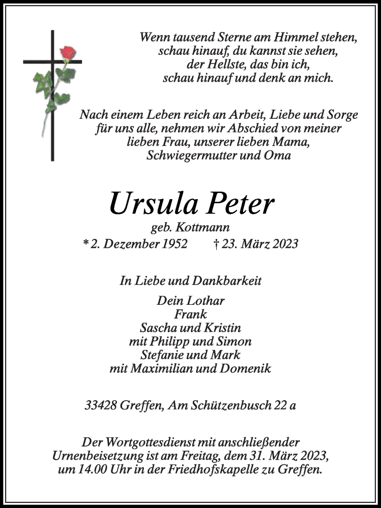  Traueranzeige für Ursula Peter vom 29.03.2023 aus Die Glocke