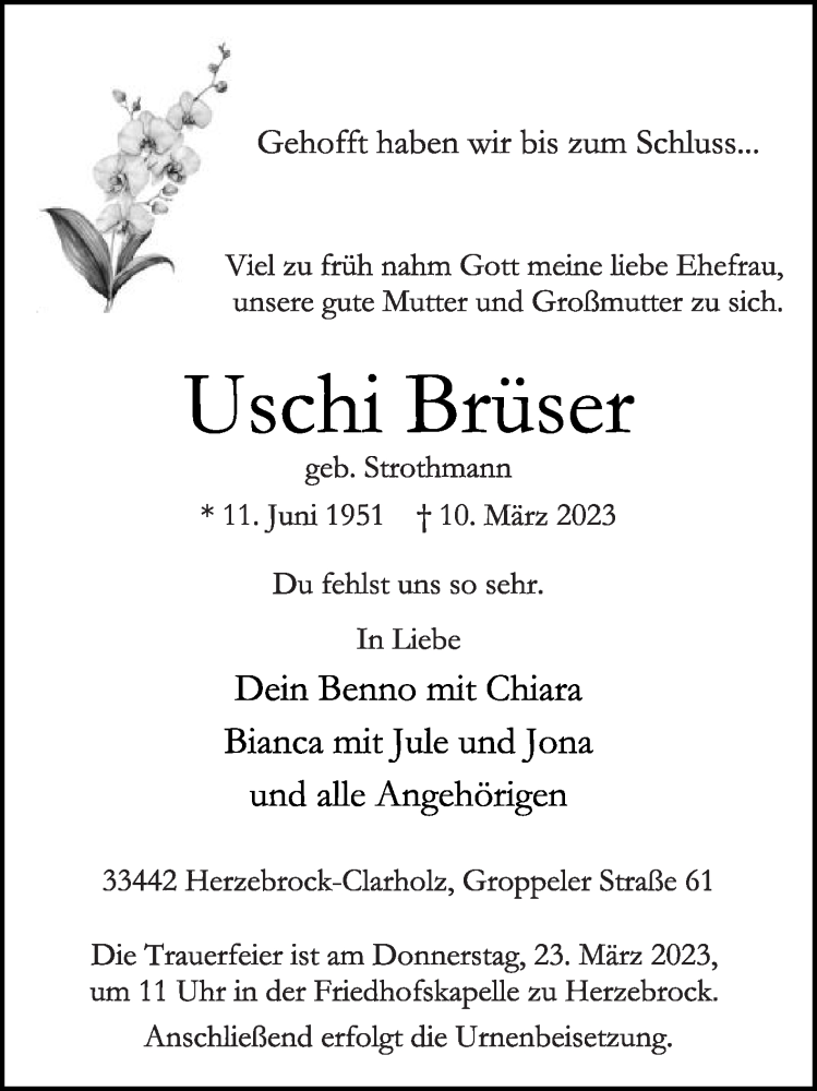  Traueranzeige für Uschi Brüser vom 18.03.2023 aus Die Glocke