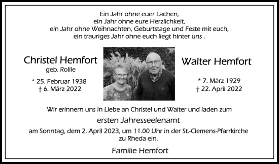 Traueranzeige von Walter Hemfort von Die Glocke