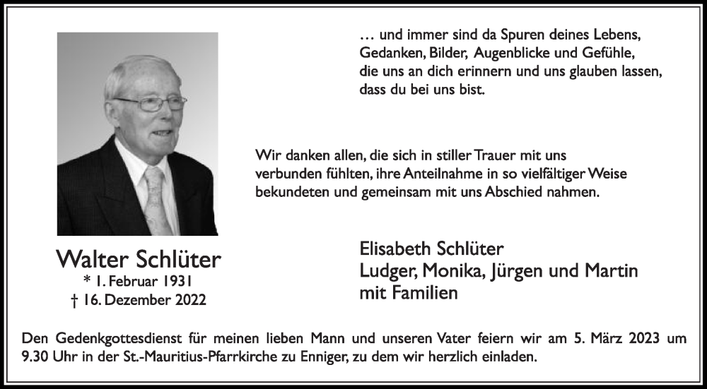  Traueranzeige für Walter Schlüter vom 01.03.2023 aus Die Glocke