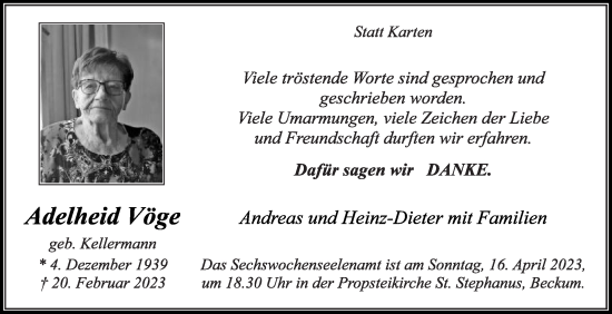 Traueranzeige von Adelheid Vöge von Die Glocke