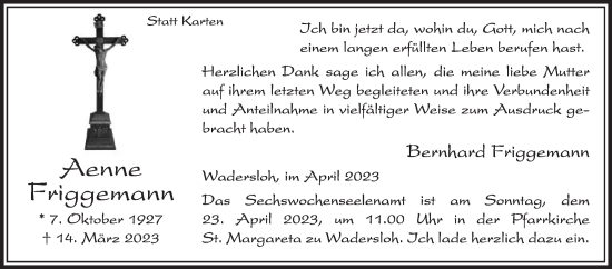 Traueranzeige von Aenne Friggemann von Die Glocke