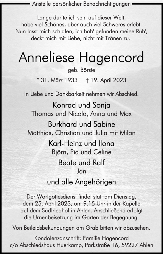 Traueranzeige von Anneliese Hagencord von Die Glocke